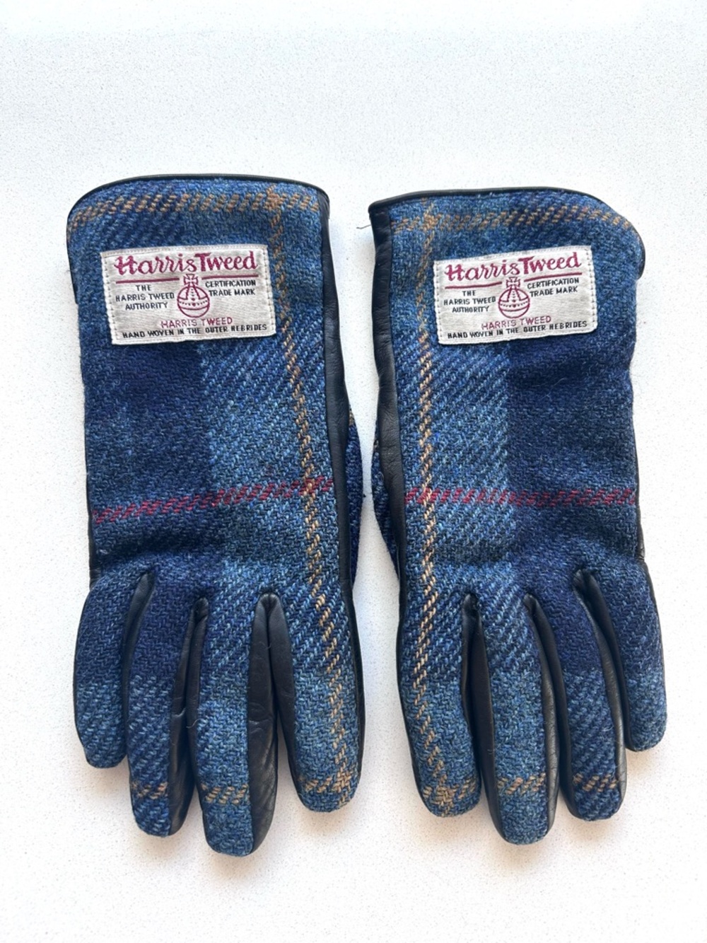 VINTAGE Harris Tweed Blue Plaid Wool-Blend and Leather Gloves | Small